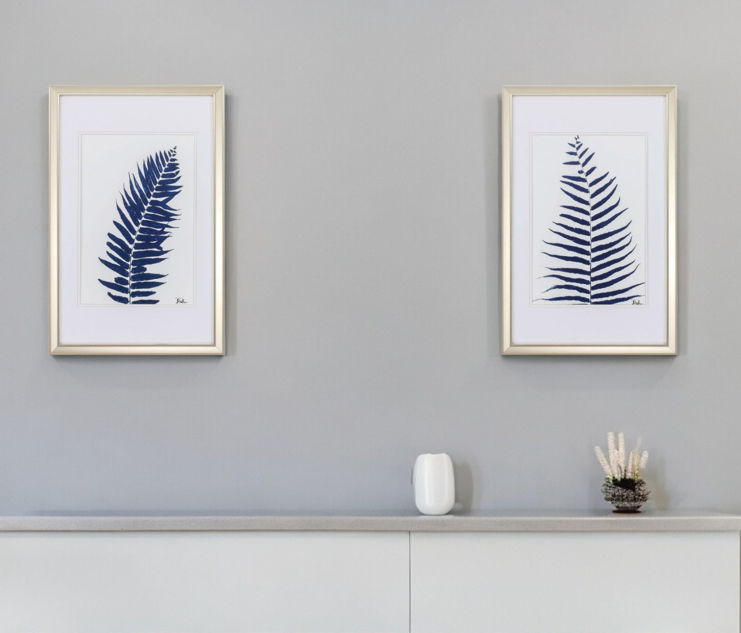 18" X 28" Champagne Gold Color Frame Indigo Ferns (Set Of 2)