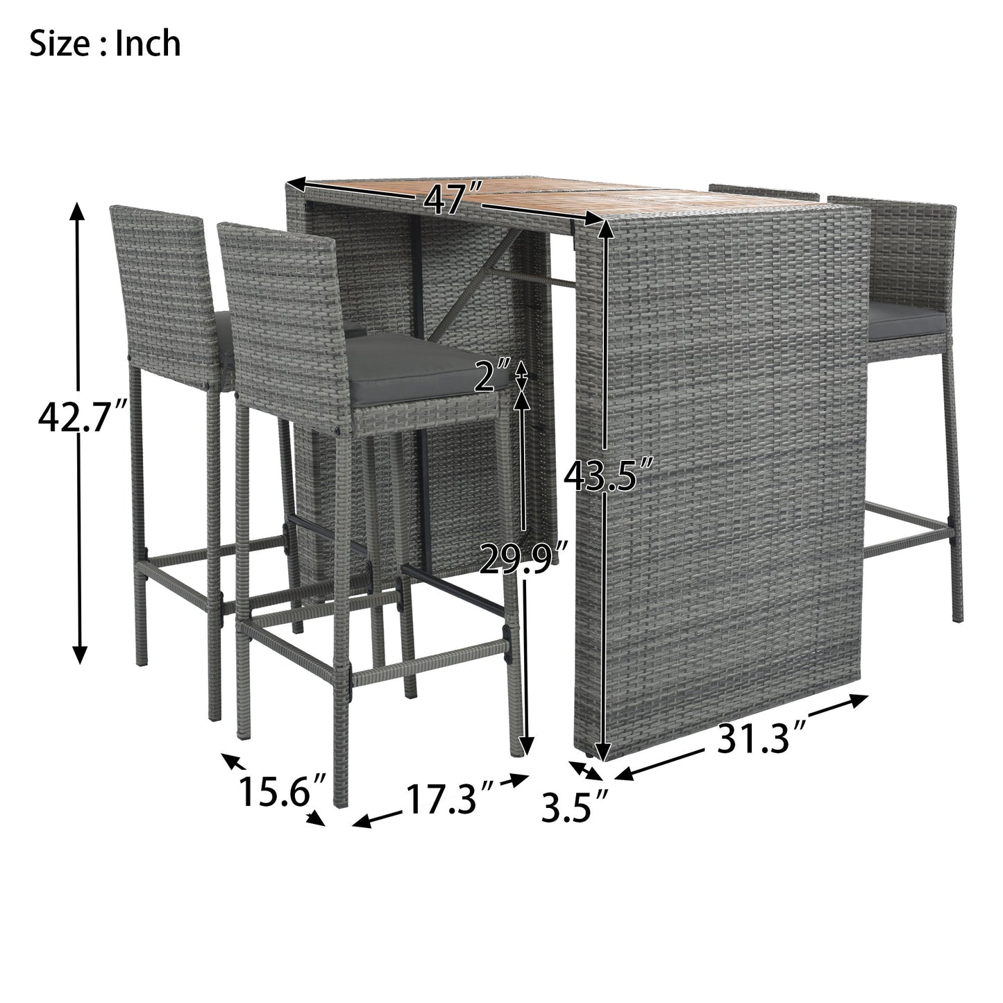 GO 5-pieces Outdoor Patio Wicker Bar Set, Bar Height Chairs With Non-Slip Feet And Fixed Rope, Removable Cushion, Acacia Wood Table Top, Brown Wood-19