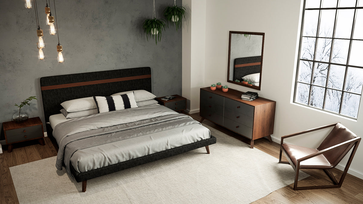 Modern Grey Fabric & Walnut Queen Bed-3