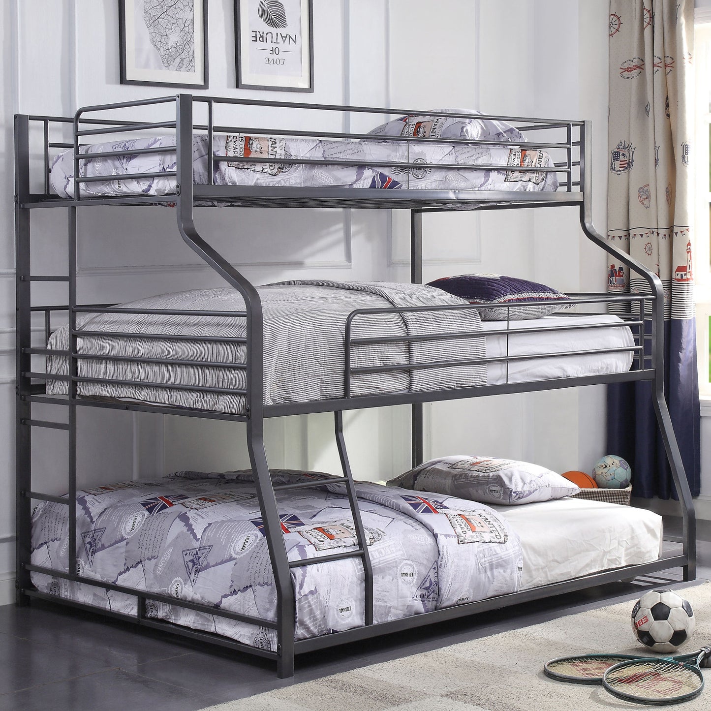 62" X 83" X 74" Gunmetal Metal Triple Bunk Bed TwinFullQueen-3