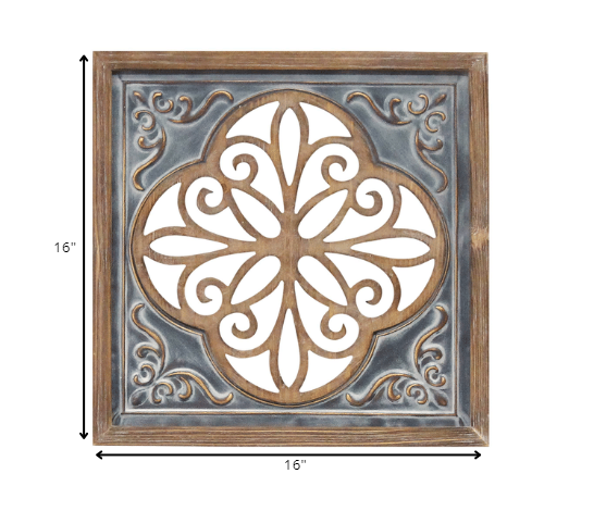 Distressed Blue Enamel Metal and Wood Framed Wall Art-2