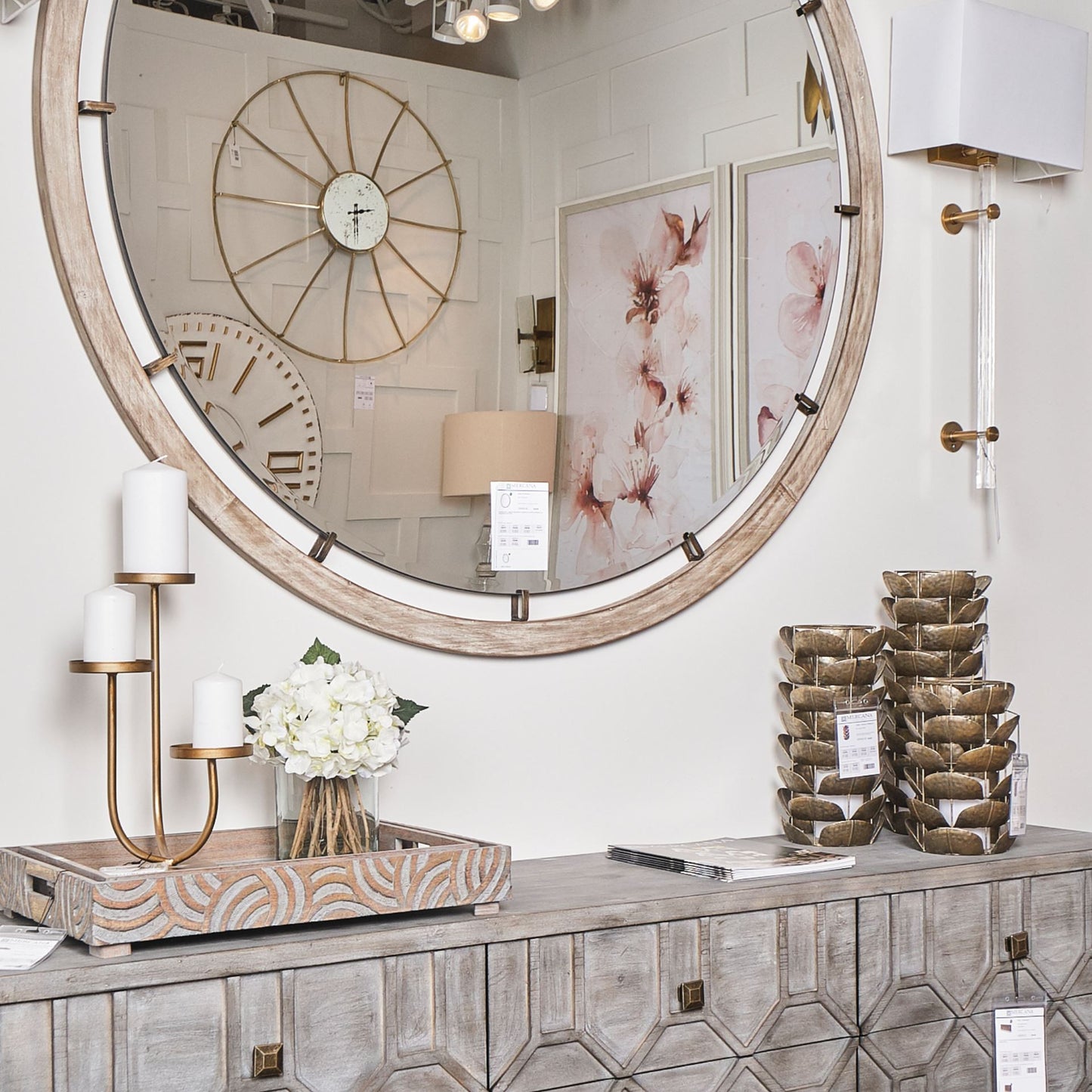 54" Round Brown Wood Frame Wall Mirror-3