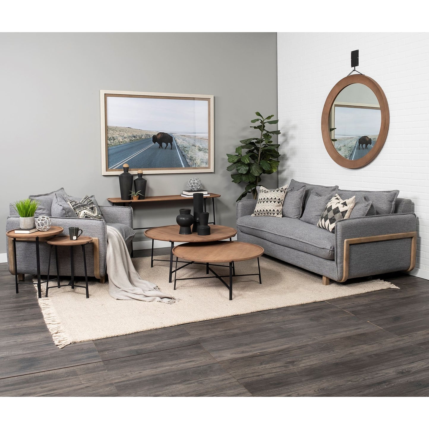 43.5" Round Brown Wood Frame Wall Mirror-2