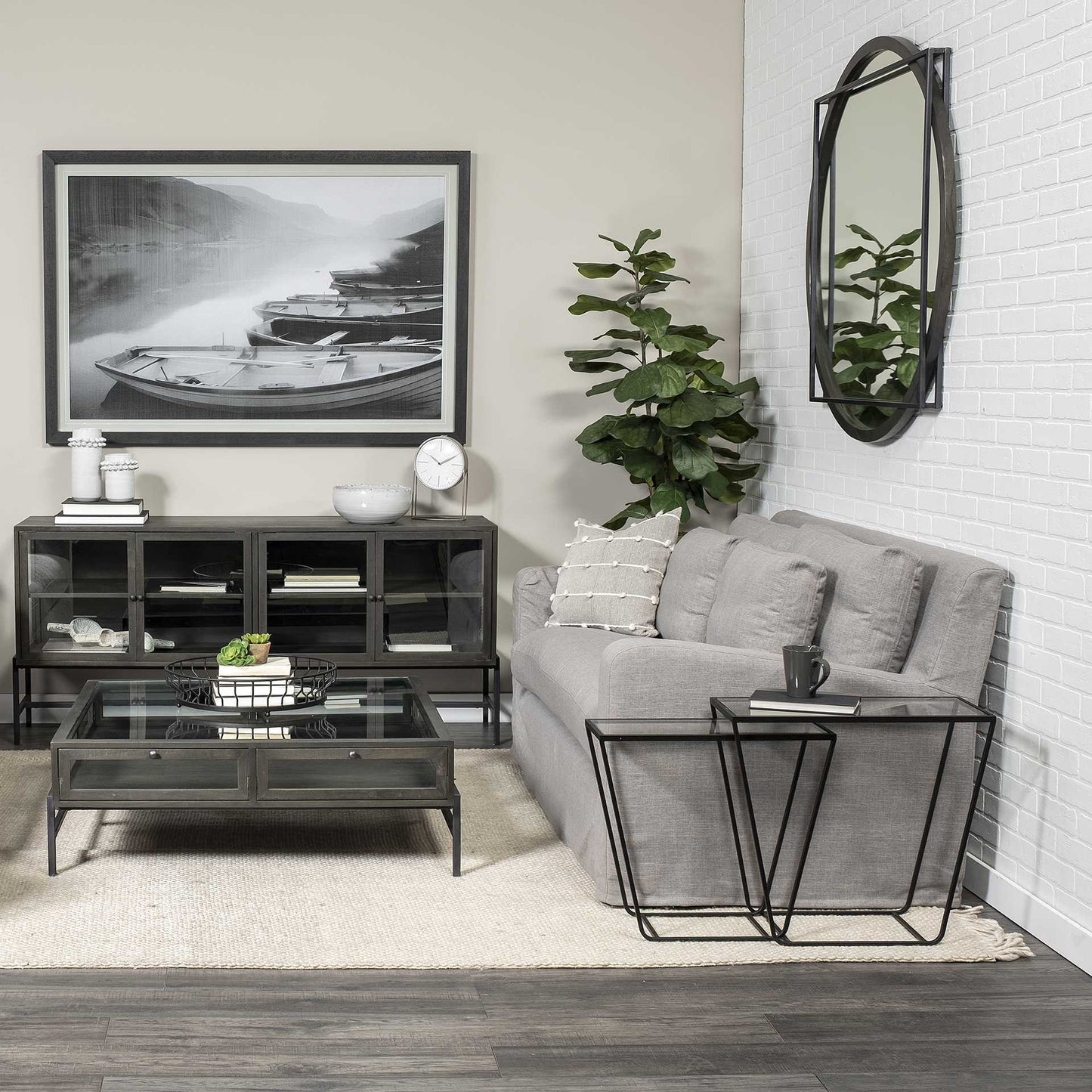 46" Round-Square Black Wood and Metal Frame Wall Mirror-2