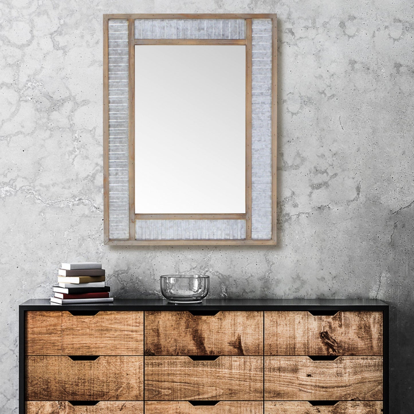 Modern Farmhouse Rectangular Wood and Galvanized Metal Wall Mirror-4