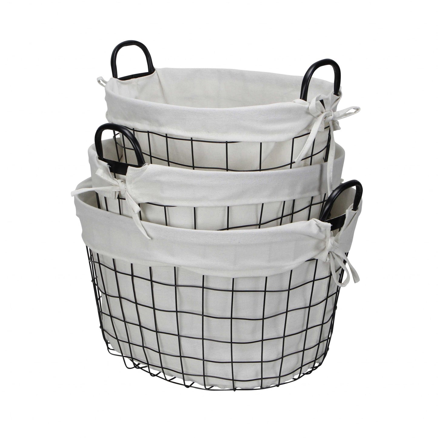 Set of 3 Oval White Lined and Metal Wire Baskets with Handles-4