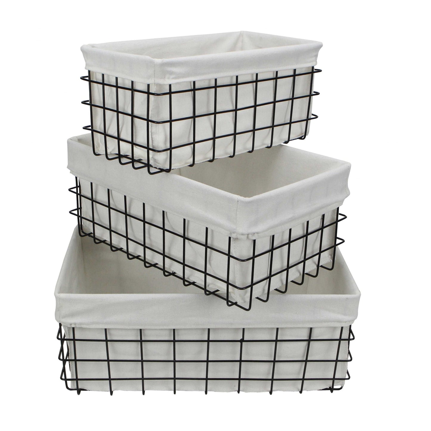 Set of 3 Rectangular White Lined and Metal Wire Baskets-3