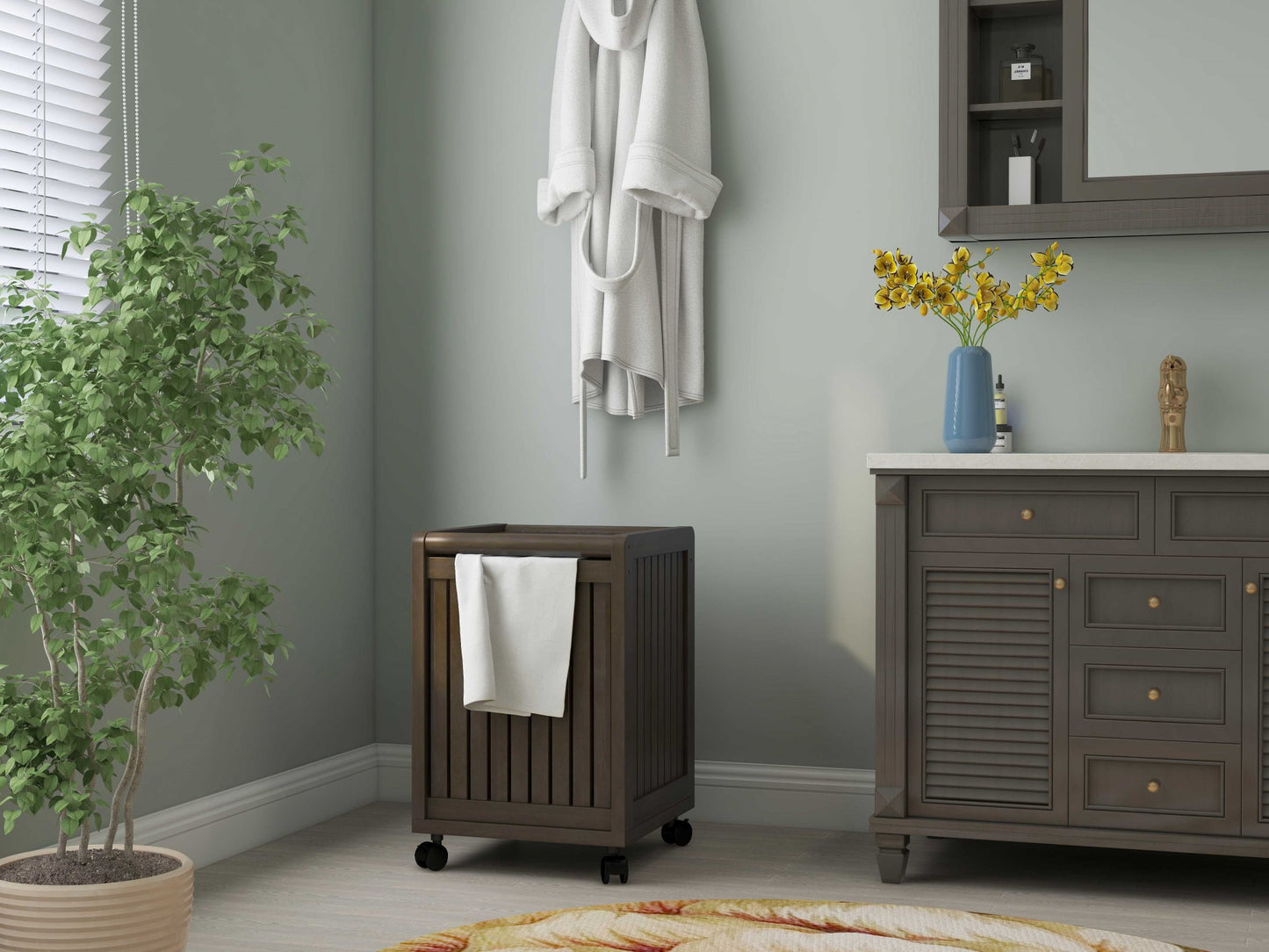 Espresso Solid Wood Rolling Laundry Hamper with Lid-5