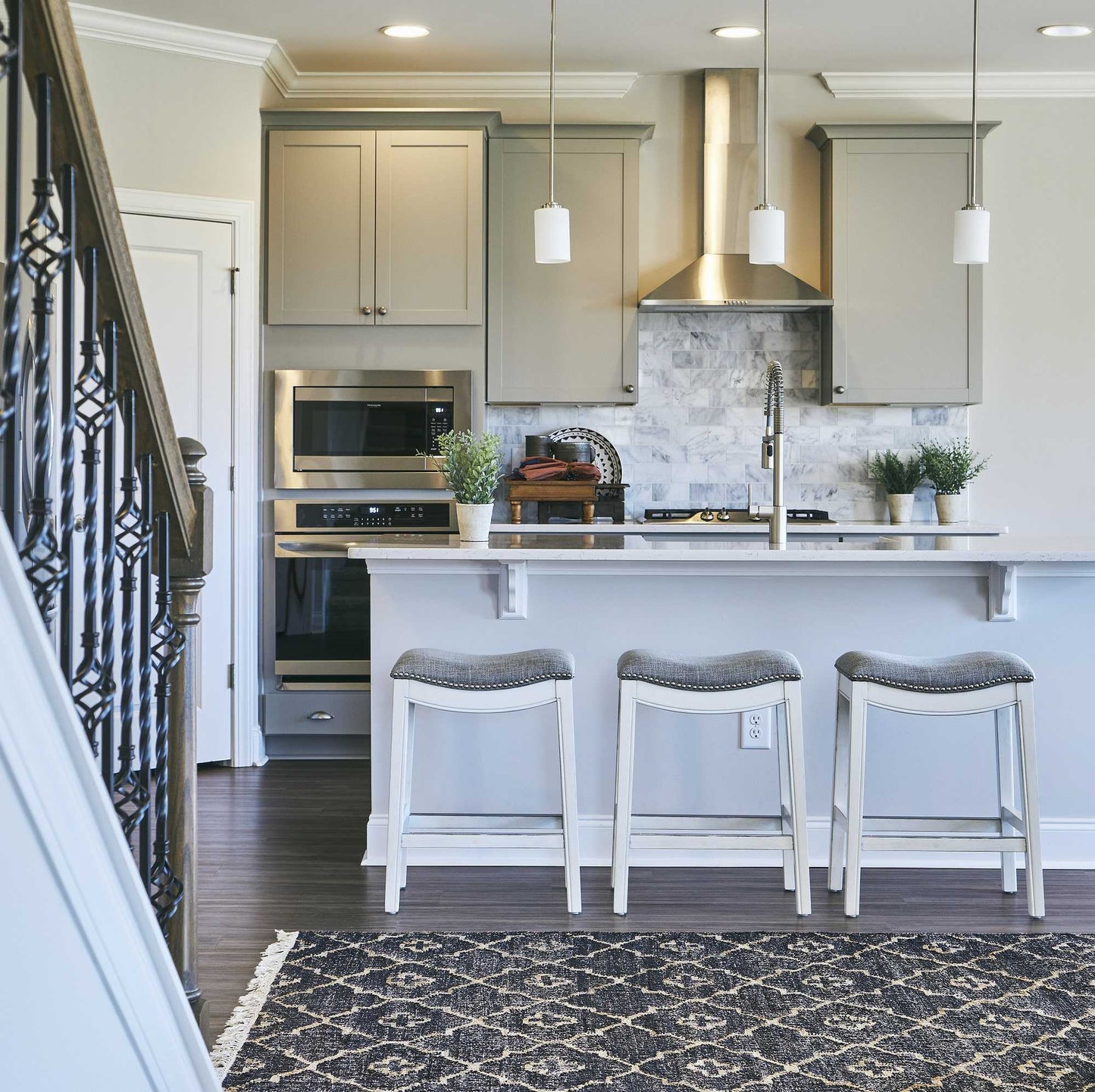 Counter Height Saddle Style Counter Stool with Grey Fabric and Nail head Trim-3