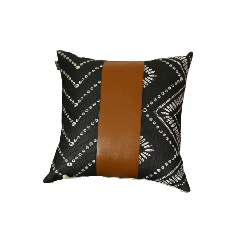 Set of 2 Ikat Styled Patterns and Bright Brown Faux Leather Pillow Covers-2