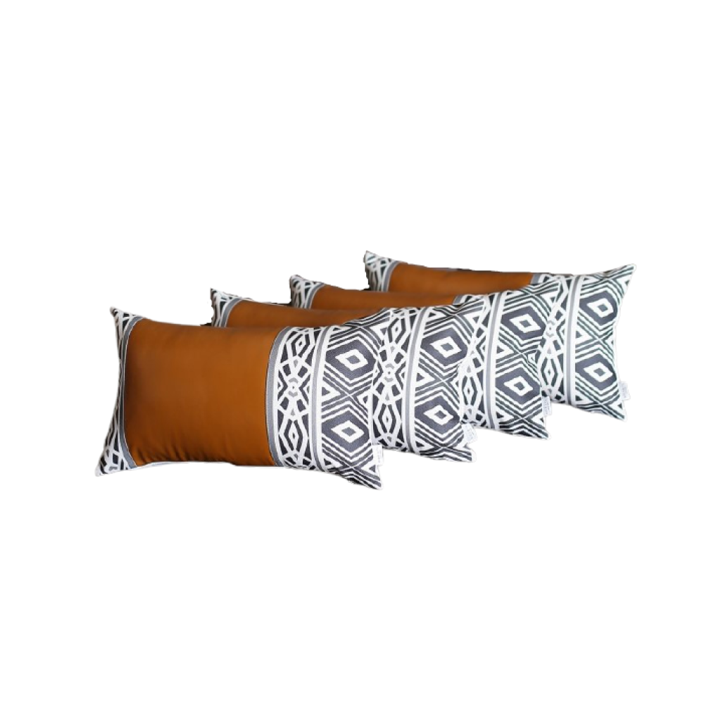 Set of 4 Gray and White Geo with Faux Leather Lumbar Pillow Covers-2