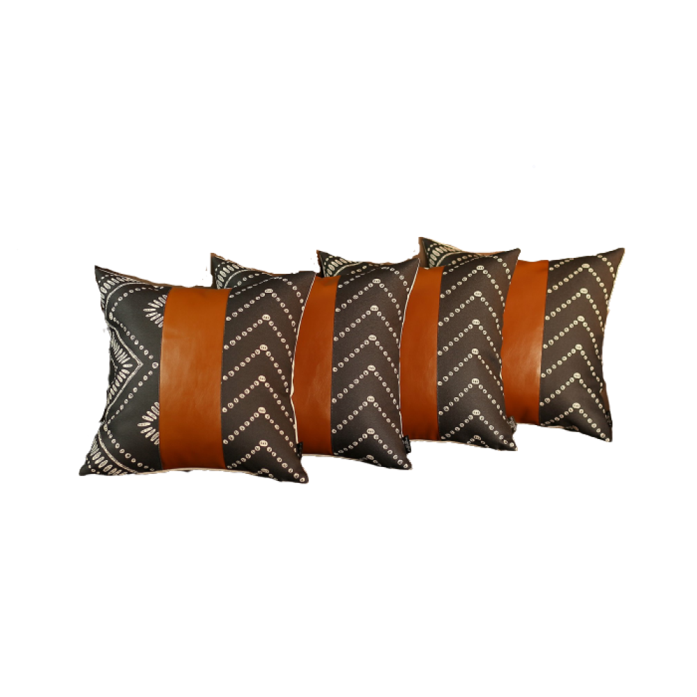 Set of 4 Black and White Geo with Faux Leather Lumbar Pillow Covers-1