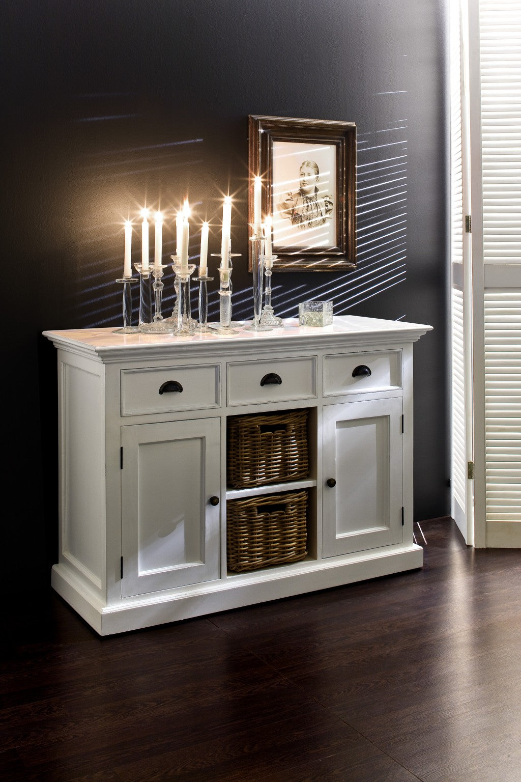 White Modern Farmhouse Large Accent Cabinet with Baskets-5