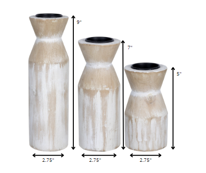 Set of Three Distressed White Candle Holders-3