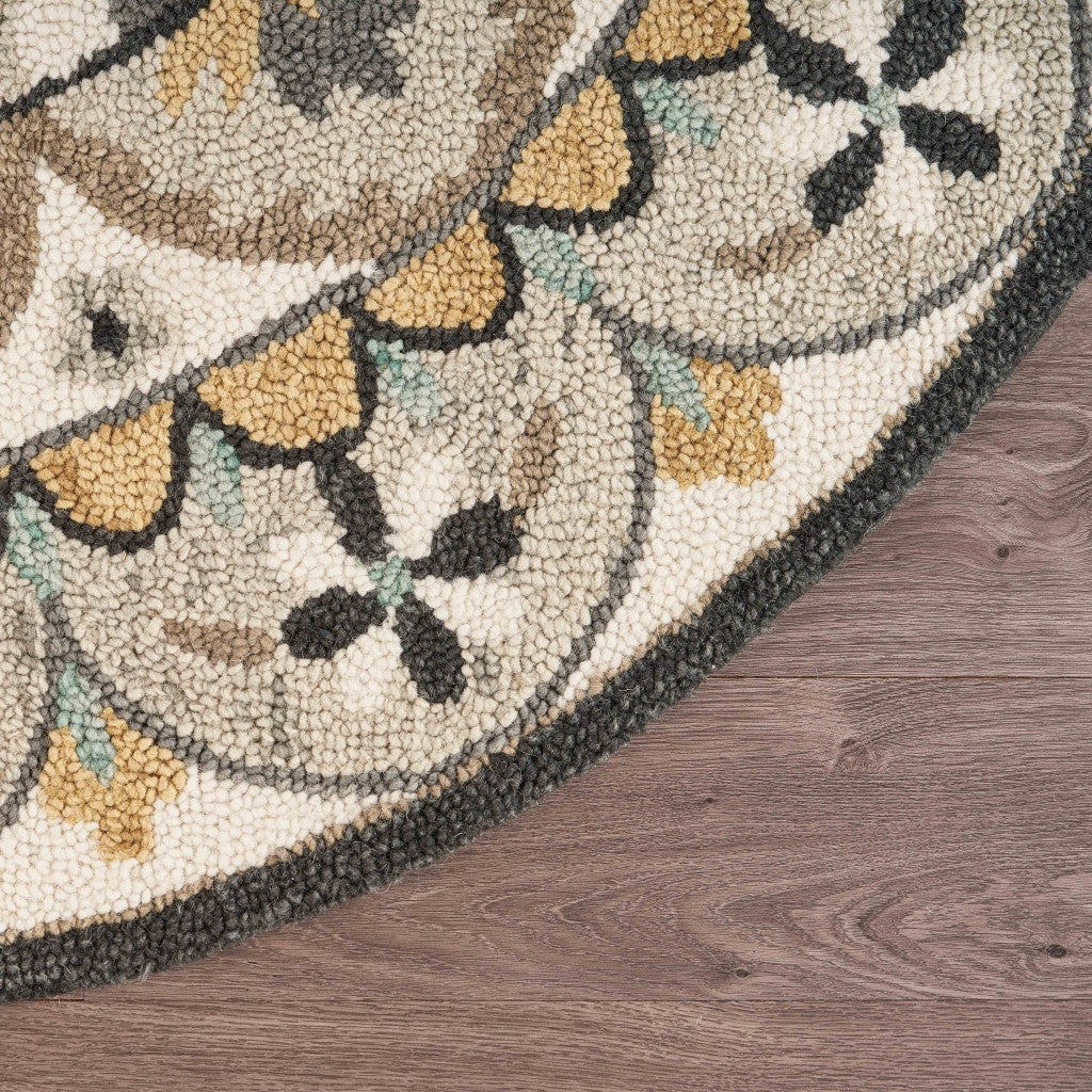 6’ Round Gray and Ivory Floral Bloom Area Rug-5