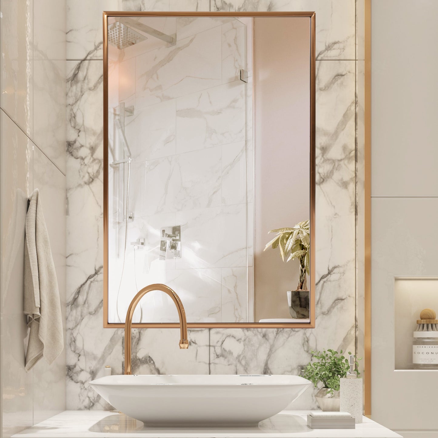 Antiqued Brushed Brass Rectangular Wall Mirror-4