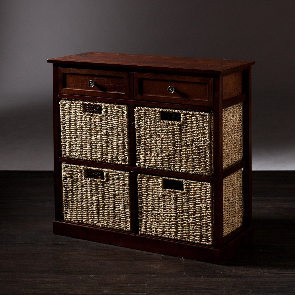 Mahogany and Seagrass Basket Storage Shelving Unit-4