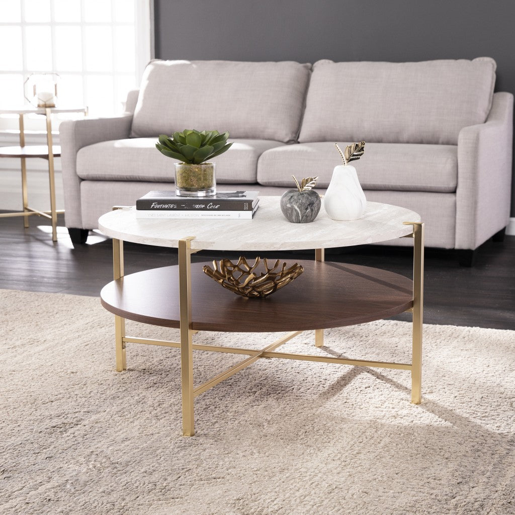 33" Brass Solid Manufactured Wood And Metal Round Coffee Table-5
