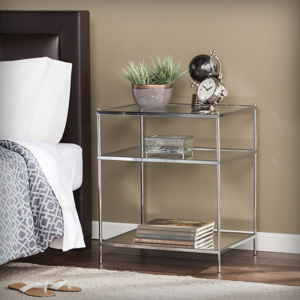 27" Chrome Glass And Iron Rectangular Mirrored End Table With Shelf-5