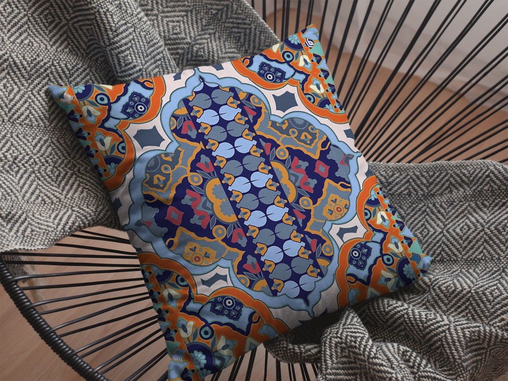 26" Orange Blue Boho Indoor Outdoor Throw Pillow-3