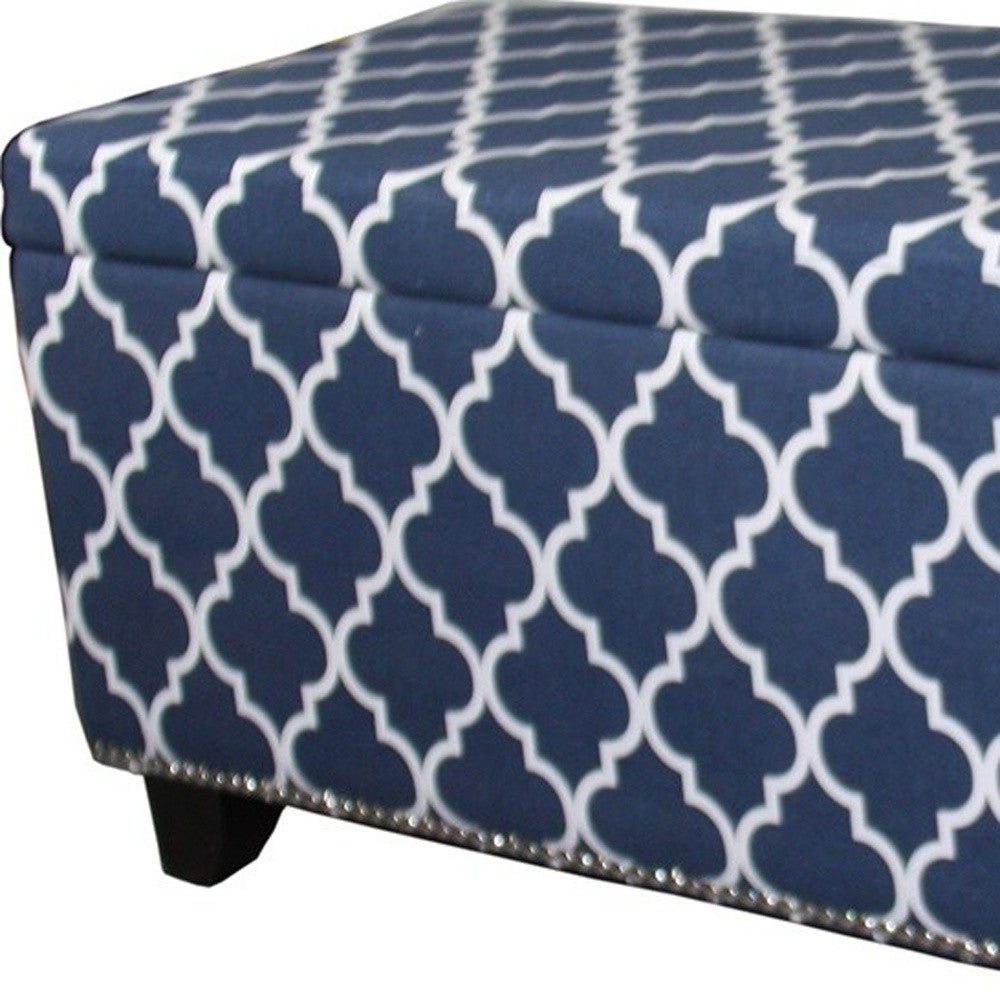 Blue and White Quatrefoil Storage Bench-5