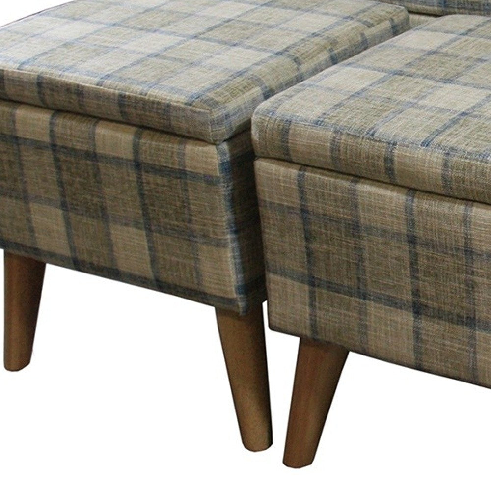 Taupe and Blue Plaid Storage Bench and Ottoman Three Piece Set-4