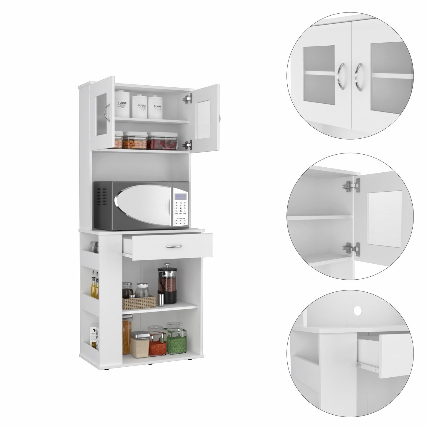 White Pantry Cabinet with Two Door Panels and Side Open Shelves-5