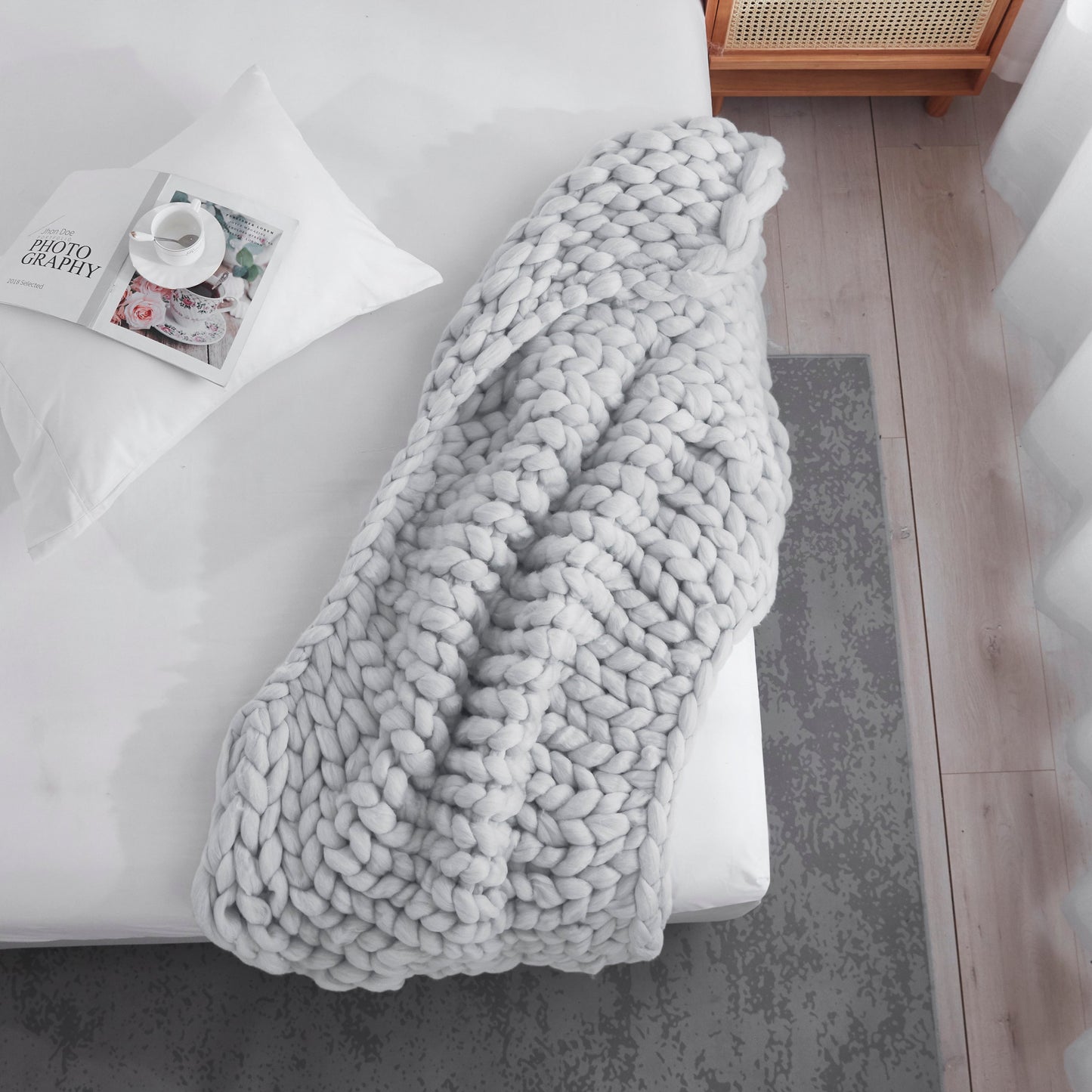 Light Grey Boho Chunky Knit Throw Blanket-4