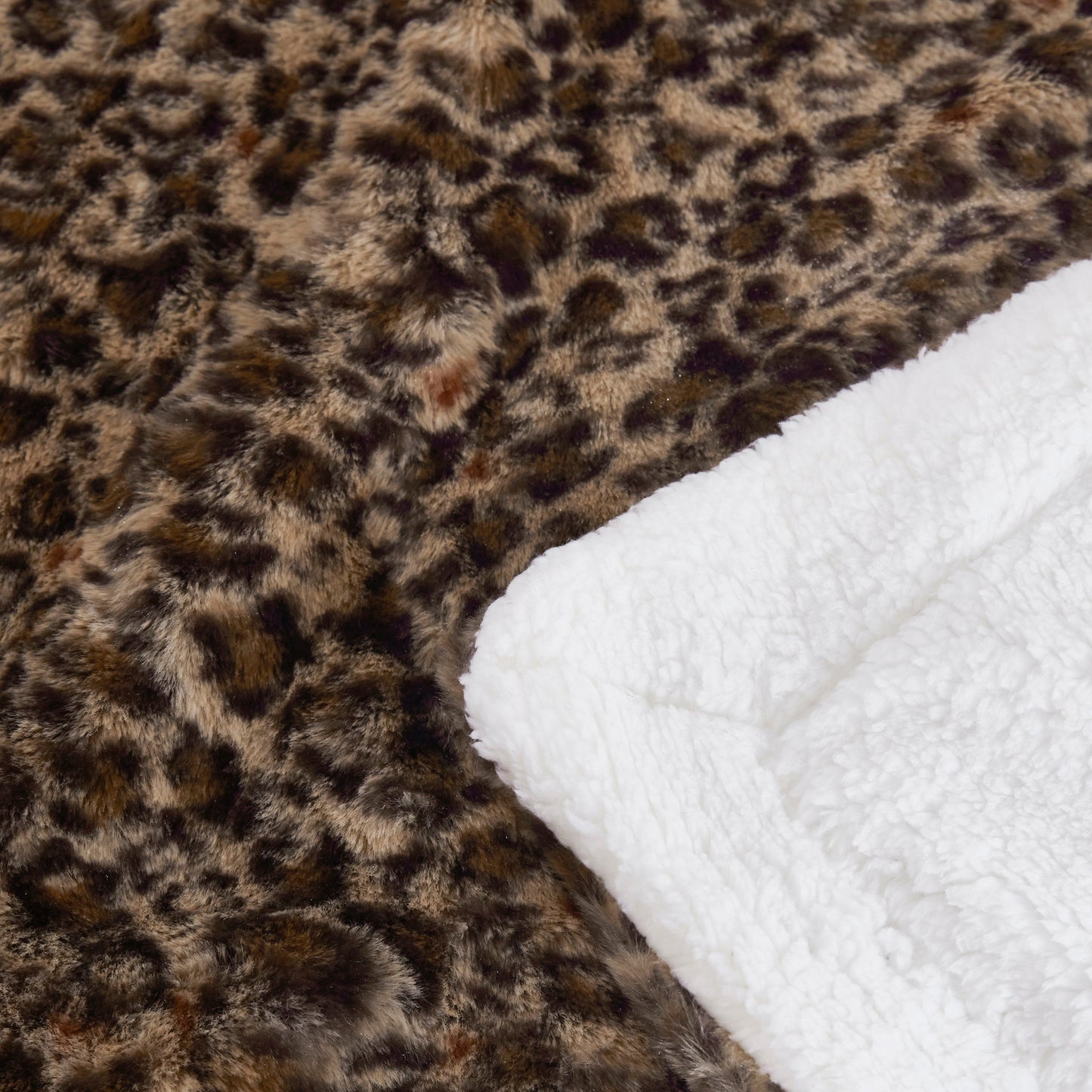 Reversible Leopard Brown Faux Rabbit Fur and Sherpa Throw Blanket-4
