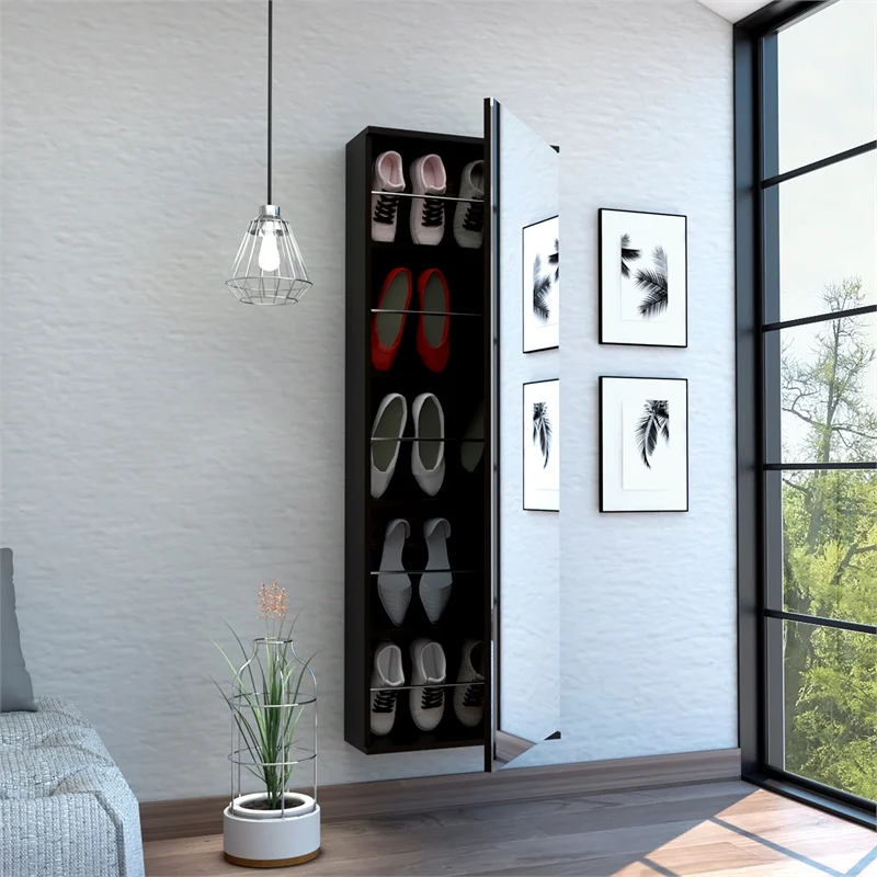 Stylish Black Wengue Wall Mounted Shoe Rack with Mirror-2