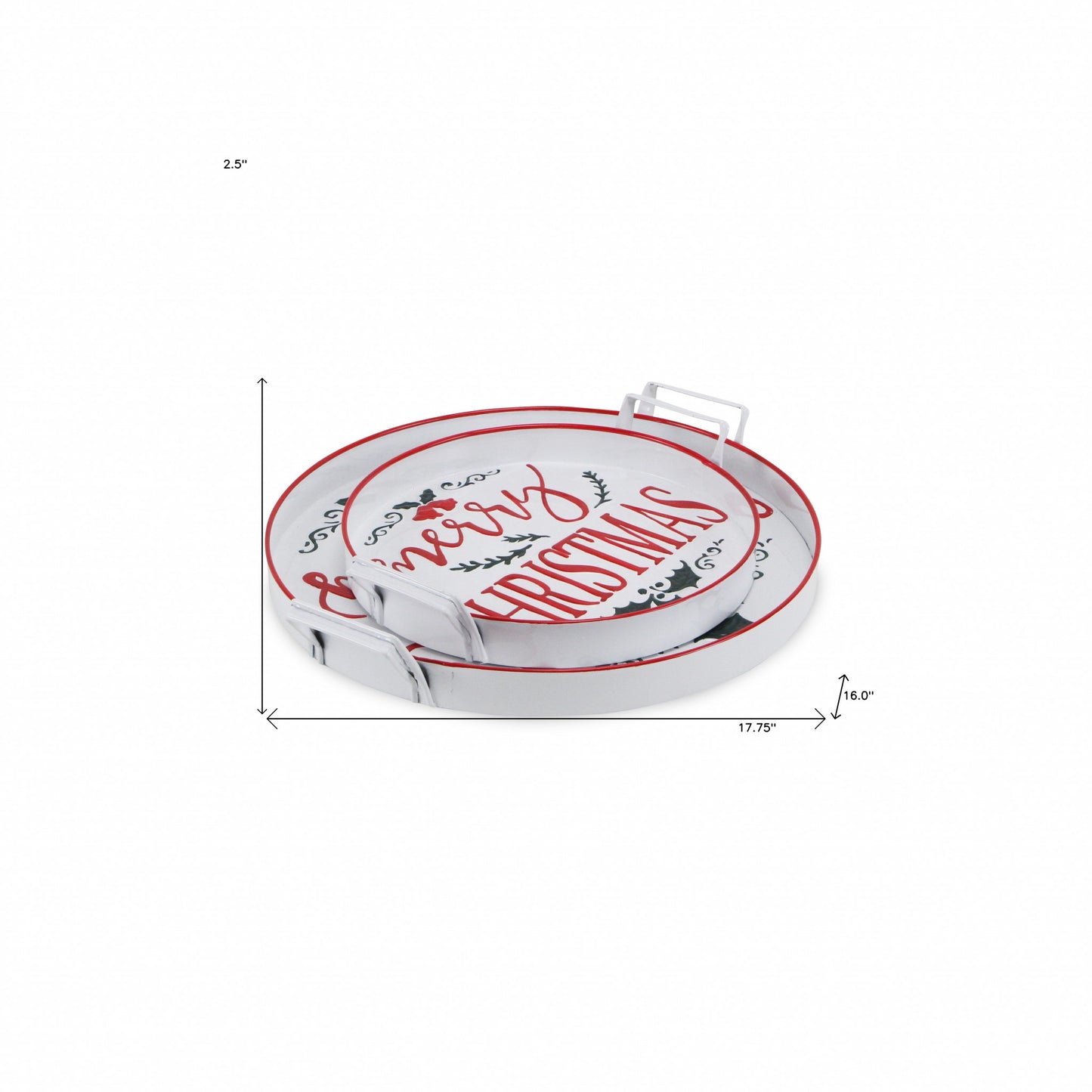 18" White Round Metal Christmas Handmade Tray With Handles-3