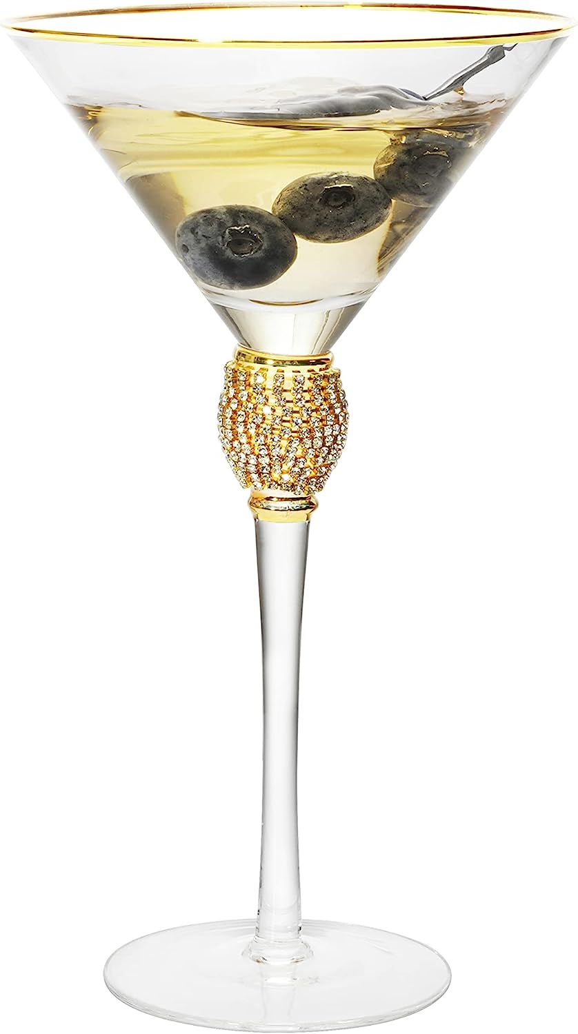 Diamond Collection 2 Piece Stemmed Martini Set - Rhinestone For Drinking Martinis, Manhattans, Vodka, Gin, Cocktails Gold Accent Cocktail Glasses, Perfect For Any Bar or Party 10oz - Swarovski Style-6
