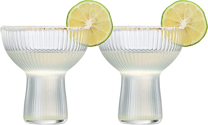 Ribbed Stemless Margarita, Martini & Champagne Glasses with Gold Rim - Set of 2 - Hand Blown Cocktail Luxury Coupe – Large Party, Elegant Ripple Design, Gilded, Premium Hand Blown Glassware (10 OZ)-6