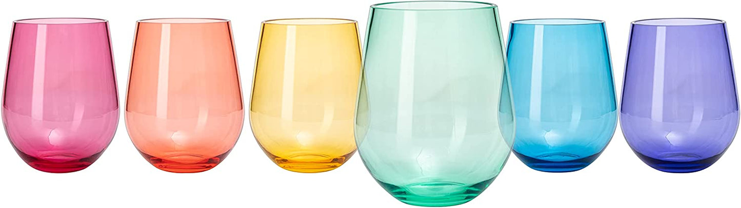 European Style Crystal, Stemless Wine Glasses, Acrylic Glasses Tritan Drinkware, Unbreakable Colored, 6 - Set - Shatterproof BPA-free plastic, Reusable, All Purpose Glassware, 15oz-4
