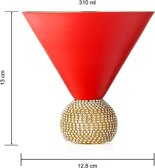 The Wine Savant Diamond Studded Martini Glasses Set of 2 Matte Red & Gold Modern Cocktail Glass, Rhinestone Diamonds With Stemless Crystal Ball Base, Bar or Party 10.5oz, Swarovski Style Crystals-4