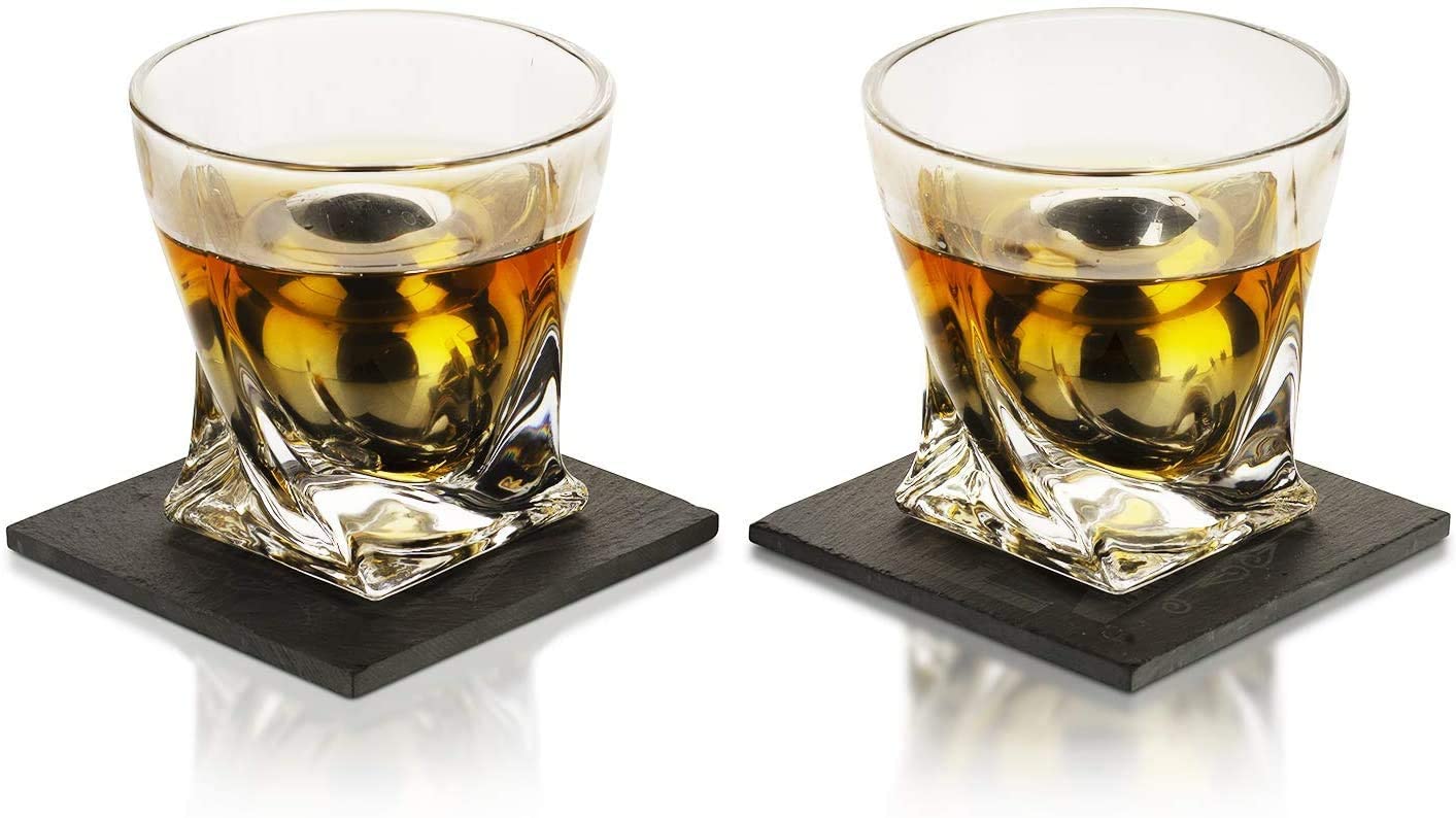 Luxurious Whiskey Stones & Glasses Gift Set - 2 XL Chilling Stainless Steel Whiskey Balls - 2x Crystal Whiskey Glasses, 2x Slate Stone Coasters, Freezer Pouch & Tongs - Set in Premium Pine Wood Box-3