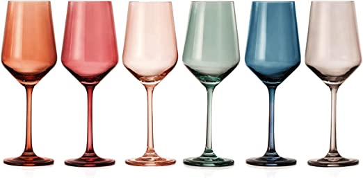 Colored Crystal Wine Glass Set of 6, Gift For Him, Her, Wife, Friend - Large 12 oz Glasses, Unique Italian Style Tall Drinkware - Red & White, Dinner, Color Beautiful Glassware - (Pastel)-6