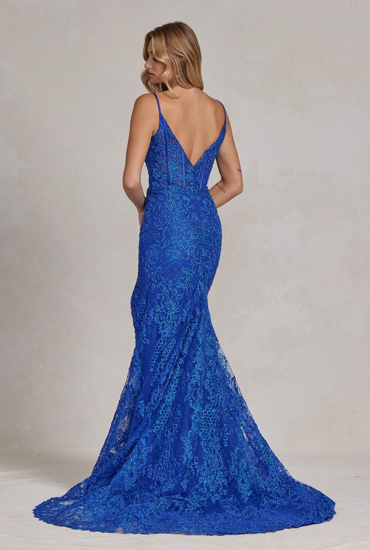 Side Slit Embroidered Lace Bodice Open V-Back Long Prom Dress NXC1100-5