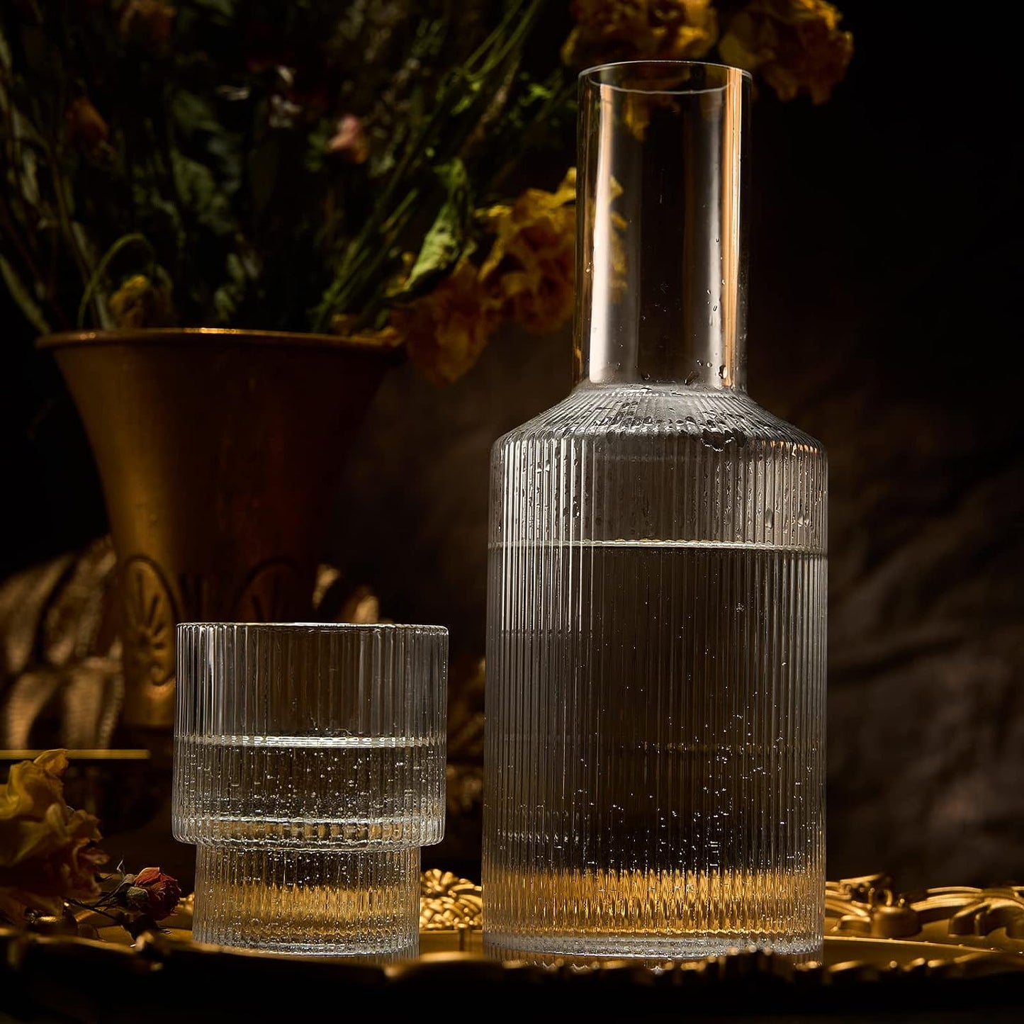 Bedside Water Carafe & Tumbler Set | 2-Piece Set | Crystal Elegant Ribbed Night Glass Pitcher - 900 ML - Bedroom Nightstand Serving Decanter Dispenser for Water, Juice, Tea Drinks, Pitcher & Cup Set-8