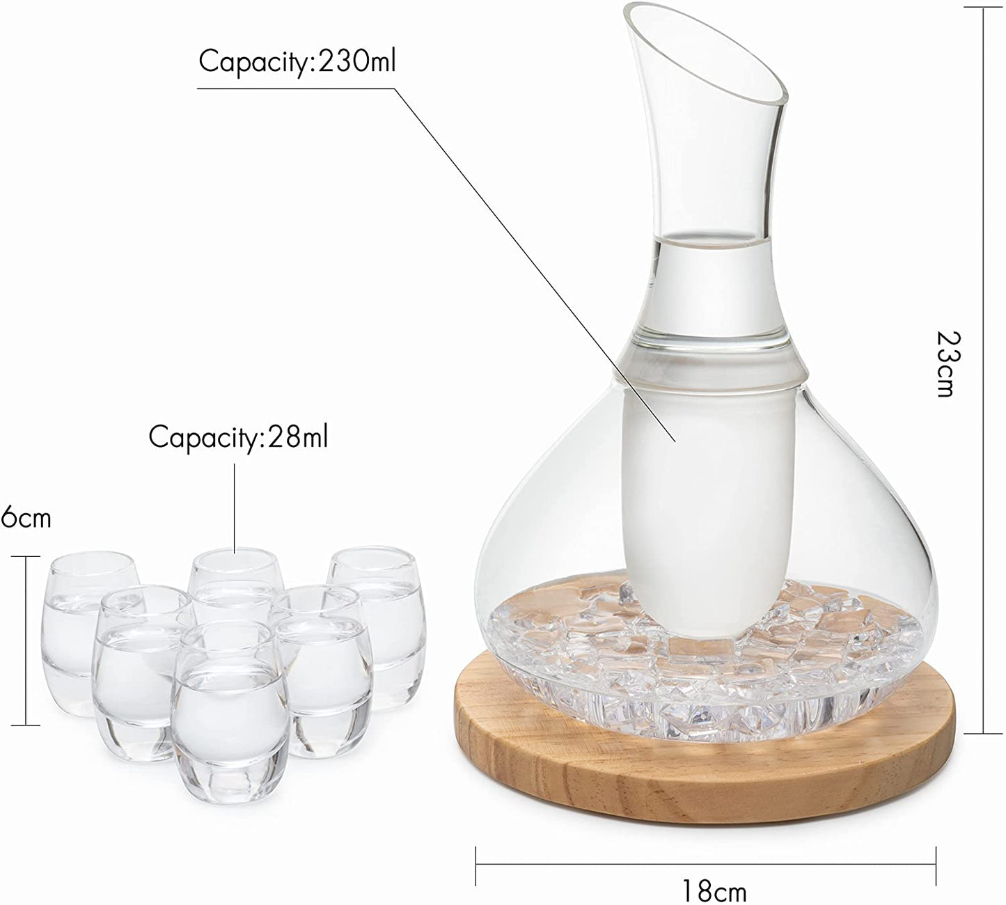 Sake Set Glasses Japanese, 15 Ounce, With 6-1oz Crystal Saki Cups Set, for Warmer or Cold Japanese Wine Drinking with a Wooden Stone Coaster by The Wine Savant, Cups & Carafe Japanese Gifts Set-6