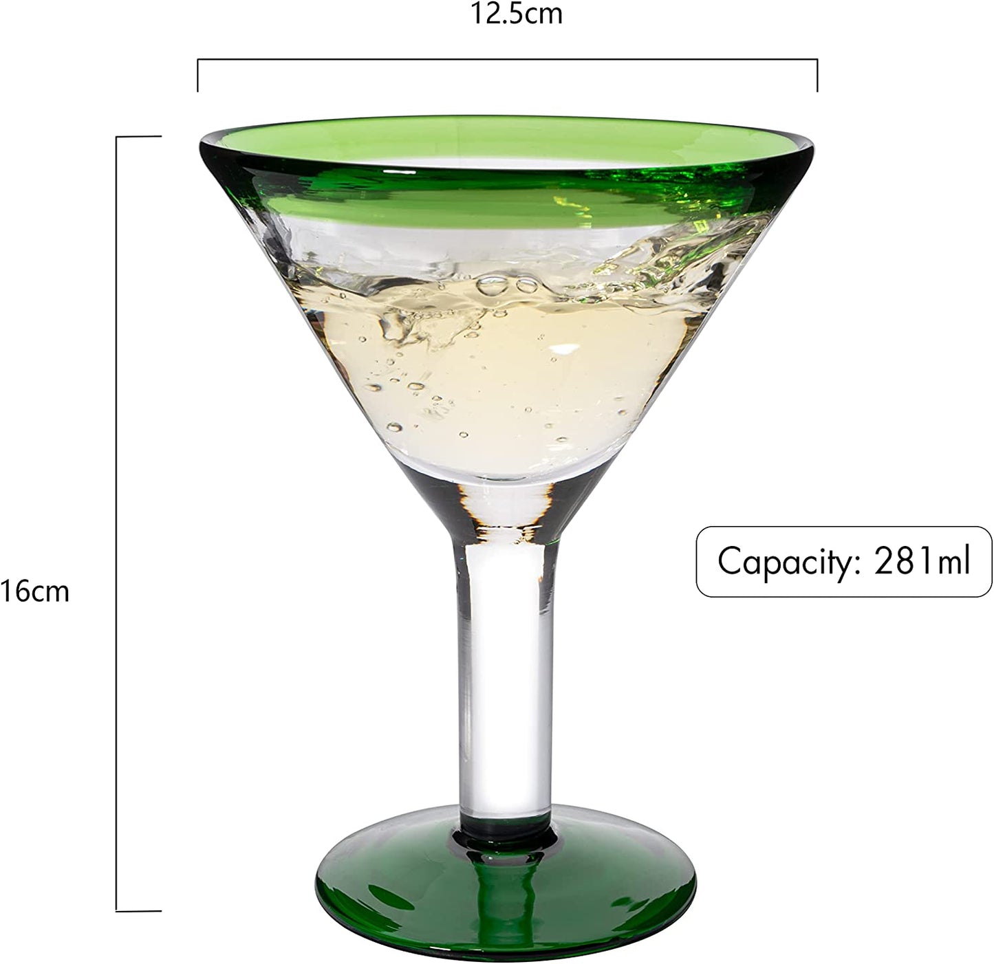 Mexican Hand Blown Martini & Margarita Glasses - Green Rim Detailed - Set of 4-10oz - Carmen Cinco de Mayo - Luxury Mexican Glassware Thick, Juice & Cocktail For Holidays & Celebration Confetti-3