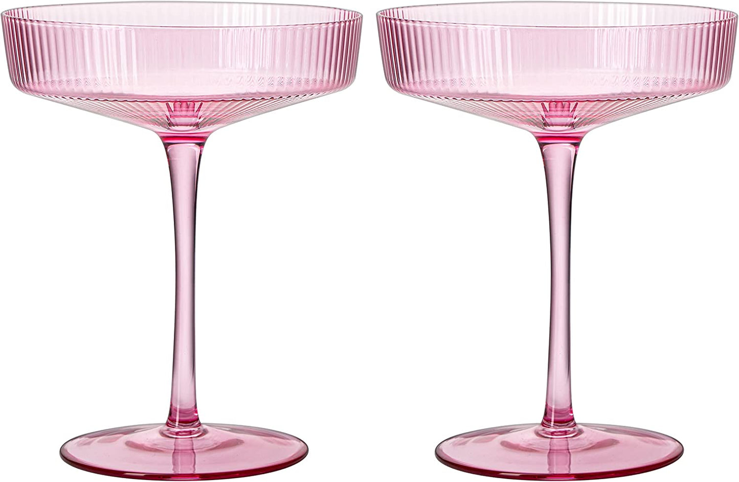 The Wine Savant Ribbed Coupe Cocktail Glasses 8 oz | Set of 2 | Classic Manhattan Glasses For Cocktails, Champagne Coupe, Ripple Coupe Glasses, Art Deco Gatsby Vintage, Crystal with Stems (Rose Pink)-9