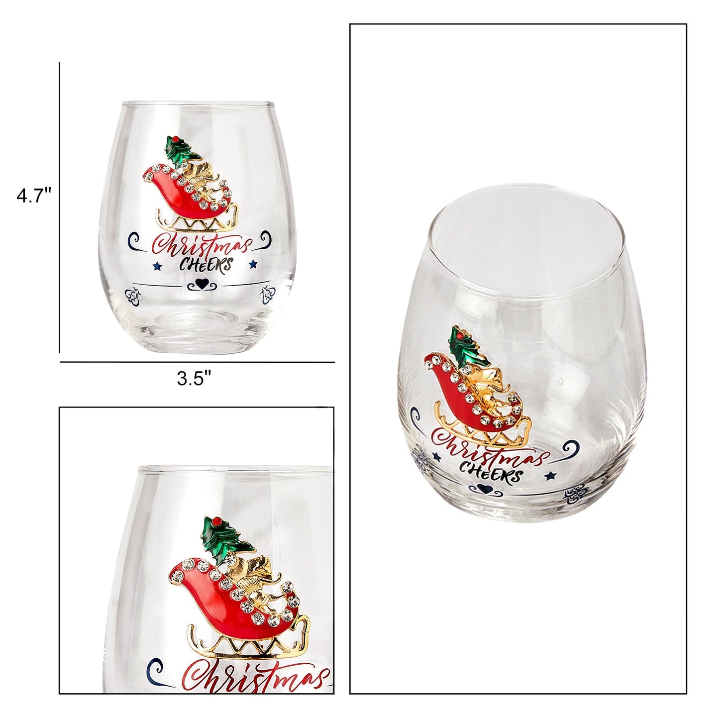Crystal Christmas Santa's Sleigh Wine & Water Glasses - Set of 2, 17.5oz - Xmas Diamond Merry Christmas Santa Holiday Festive Theme Stemless Glass - New Year Holiday Gifts for Men Women Friend Family-7