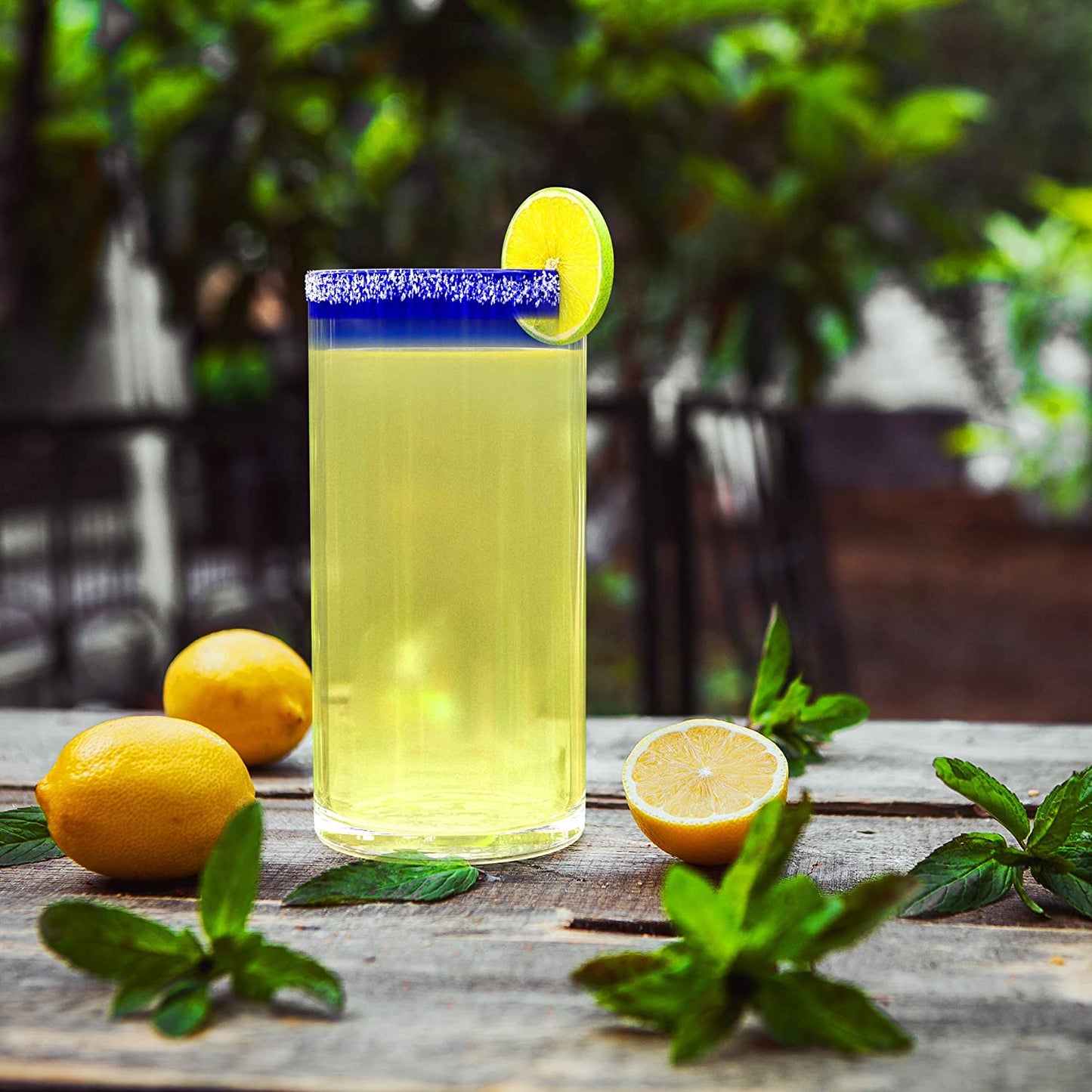 Hand Blown Blue Mexican Drinking Glasses and Pitcher – Set of 6 with Mexican Blue Rim Design (14 oz each) and Pitcher (84 Ounces) Mexico Cobalt Blue Carafe Designs Margarita and Lemonade-3