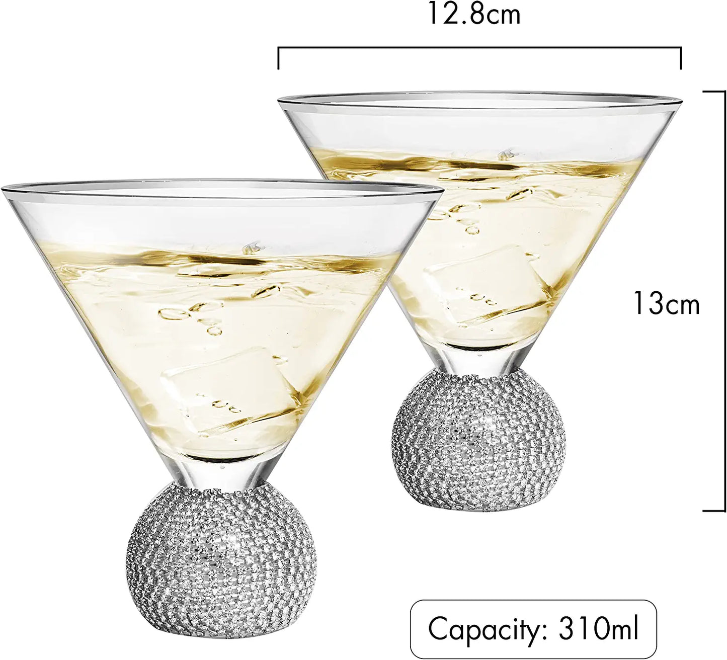 Diamond Studded Martini Glasses Set of 2 - The Wine Savant - Silver Rimmed Modern Cocktail Glass, Rhinestone Diamonds With Stemless Crystal Ball Base, Bar or Party 10.5oz, Swarovski Style Crystals-3