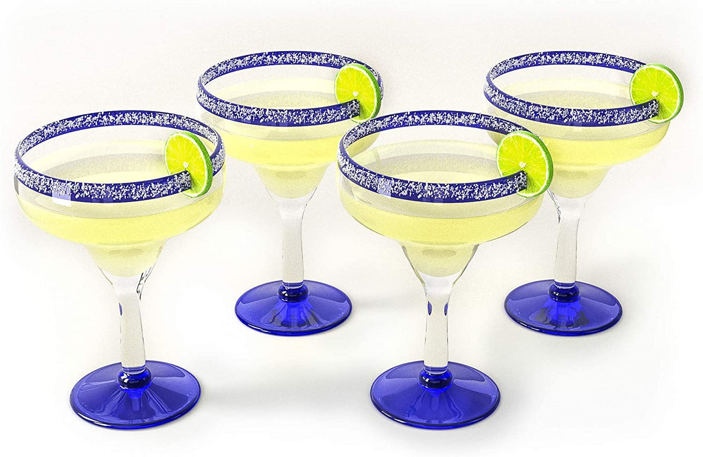 Mexican Hand Blown Glass – Set of 4 Large 16oz, Cobalt Blue Rim Line, Luxury Margarita & Cocktail Glasses, Mexico Design Large 16oz Cobalt Cinco de Mayo - The Wine Savant, Dishwasher Safe Glassware-4