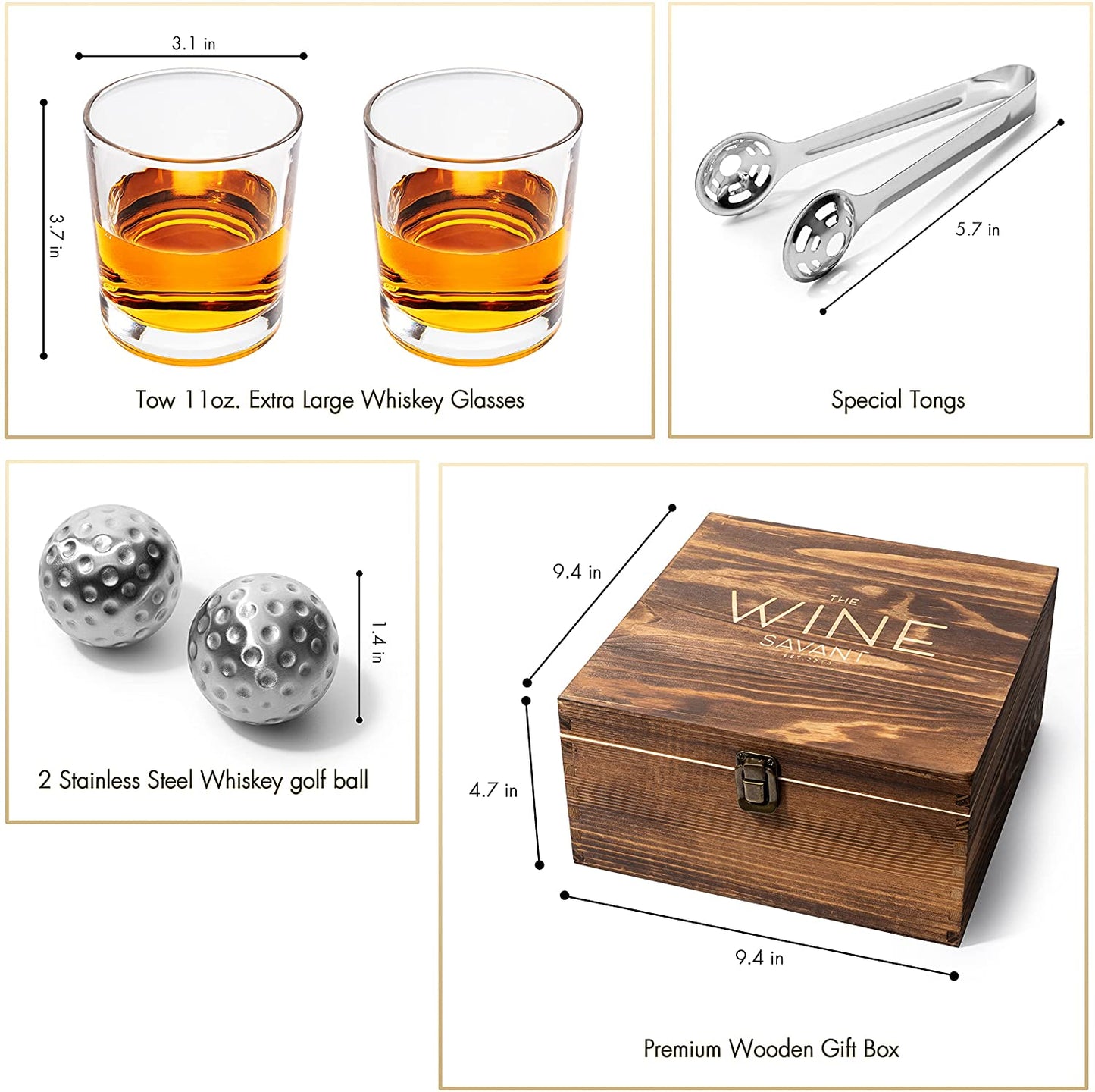 Luxurious Bar Gift Set - Golf Whiskey Glasses - Golf Ball Chillers - Tongs - Set in Premium Wood Box by The Wine Savant - Unique Whiskey Glass Set - Golf Gifts, Golfer Gifts, Gifts for Golf Lovers-5