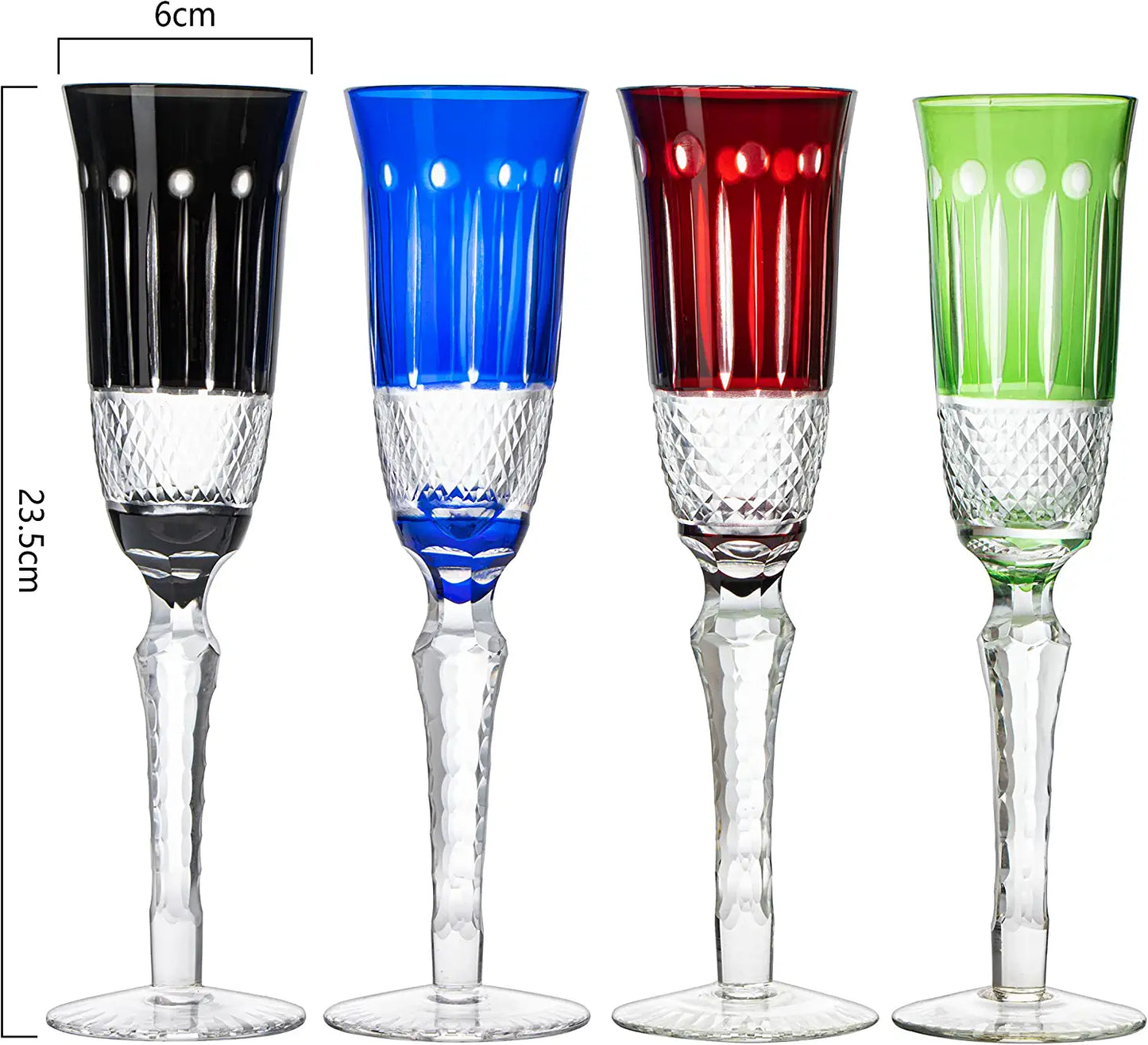 The Wine Savant Crystal Italian Multicolor Design Flutes - 4 Set - 5oz 9" H Cocktail & Champagne Glassware Bohemian Venetian Style Red, Blue, Green, Black Glasses, Dinners Parties, Bars & Weddings-3