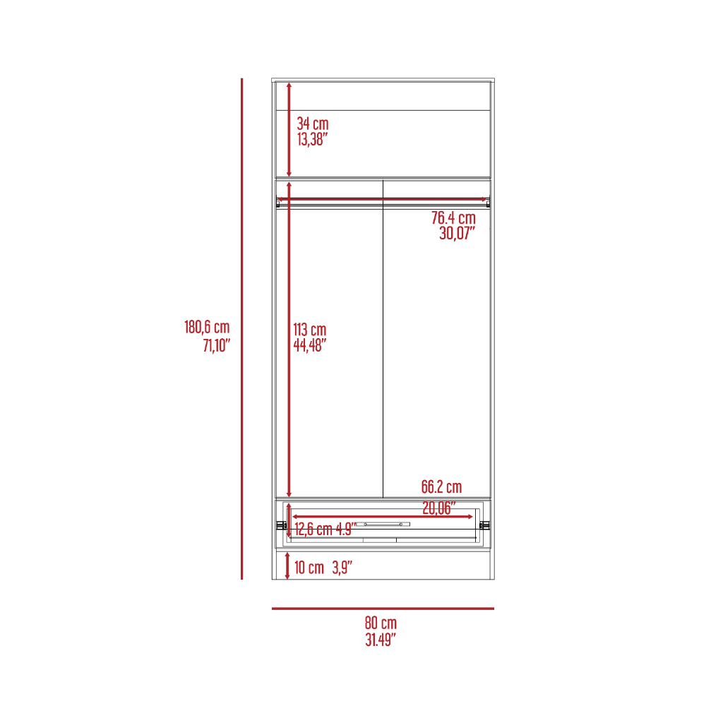 180 Armoire Beery, Double Door, Metal Rod, One Drawer, White Finish-8