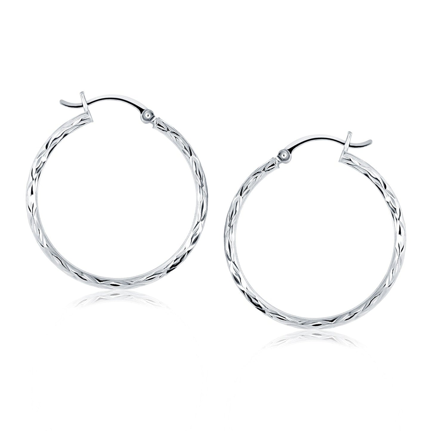 14k White Gold Diamond Cut Hoop Earrings-0